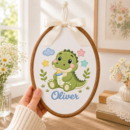 Personalized Embroidered Ornament, Baby Dinosaur Name Hoop, Cute Dino Nursery Decor, Baby Boy Shower Gift, Newborn Keepsake