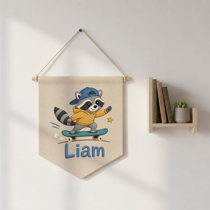 Custom Embroidered Raccoon Skater Pennant Banner, Personalized Wall Hanging Sign