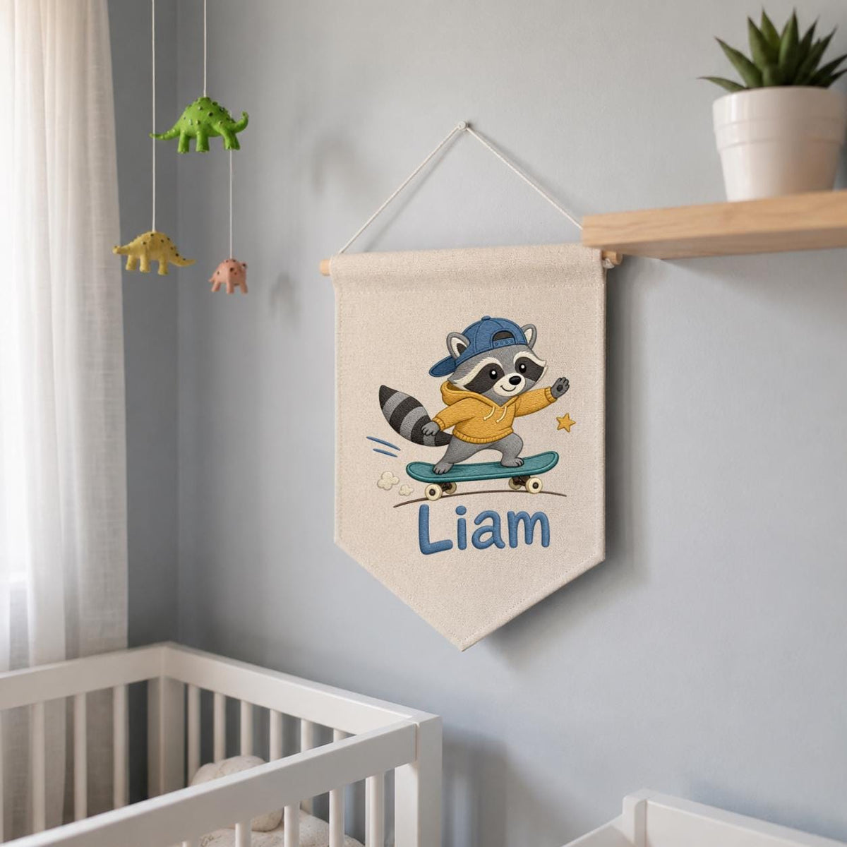 Custom Embroidered Raccoon Skater Pennant Banner, Personalized Wall Hanging Sign