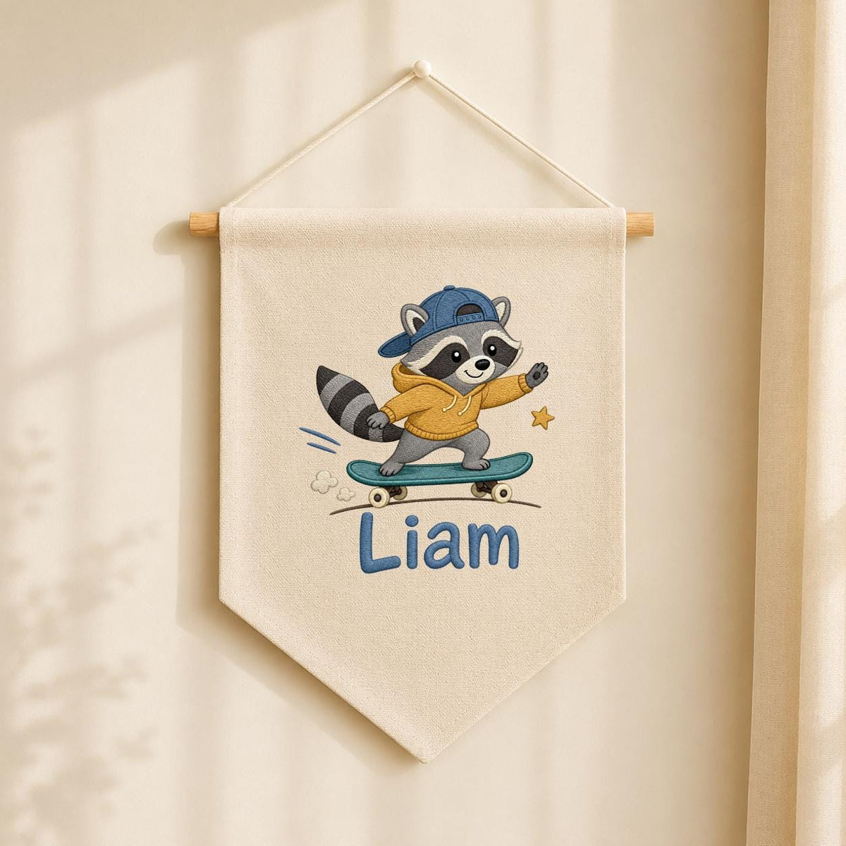 Custom Embroidered Raccoon Skater Pennant Banner, Personalized Wall Hanging Sign