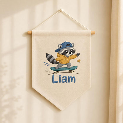 Custom Embroidered Raccoon Skater Pennant Banner, Personalized Wall Hanging Sign