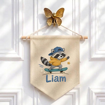 Custom Embroidered Raccoon Skater Pennant Banner, Personalized Wall Hanging Sign