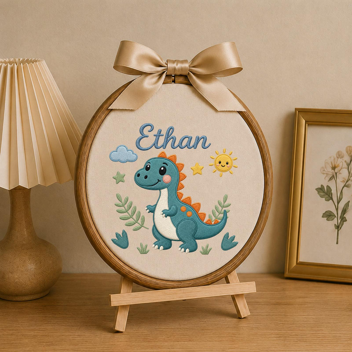 Personalized Embroidered Ornament, Dinosaur Name Hoop, Custom Baby Boy Nursery Decor, Cute Dino Baby Shower Gift, Newborn Keepsake