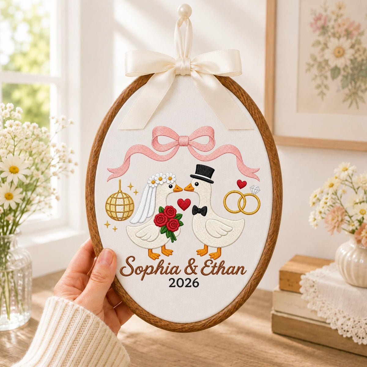 Personalized Embroidered Ornament, Wedding Goose Couple Hoop, Custom Bride and Groom Names, Anniversary Gift, Newlywed Keepsake