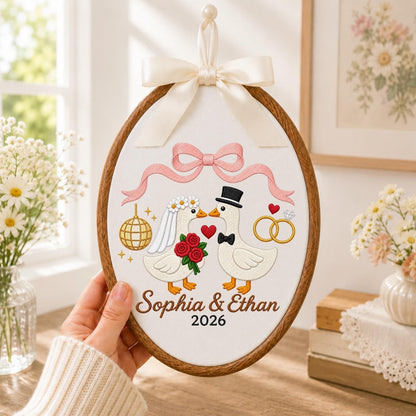 Personalized Embroidered Ornament, Wedding Goose Couple Hoop, Custom Bride and Groom Names, Anniversary Gift, Newlywed Keepsake