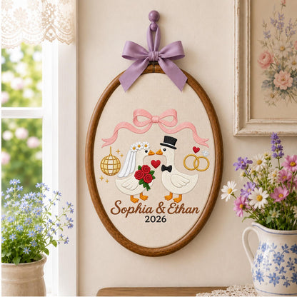 Personalized Embroidered Ornament, Wedding Goose Couple Hoop, Custom Bride and Groom Names, Anniversary Gift, Newlywed Keepsake