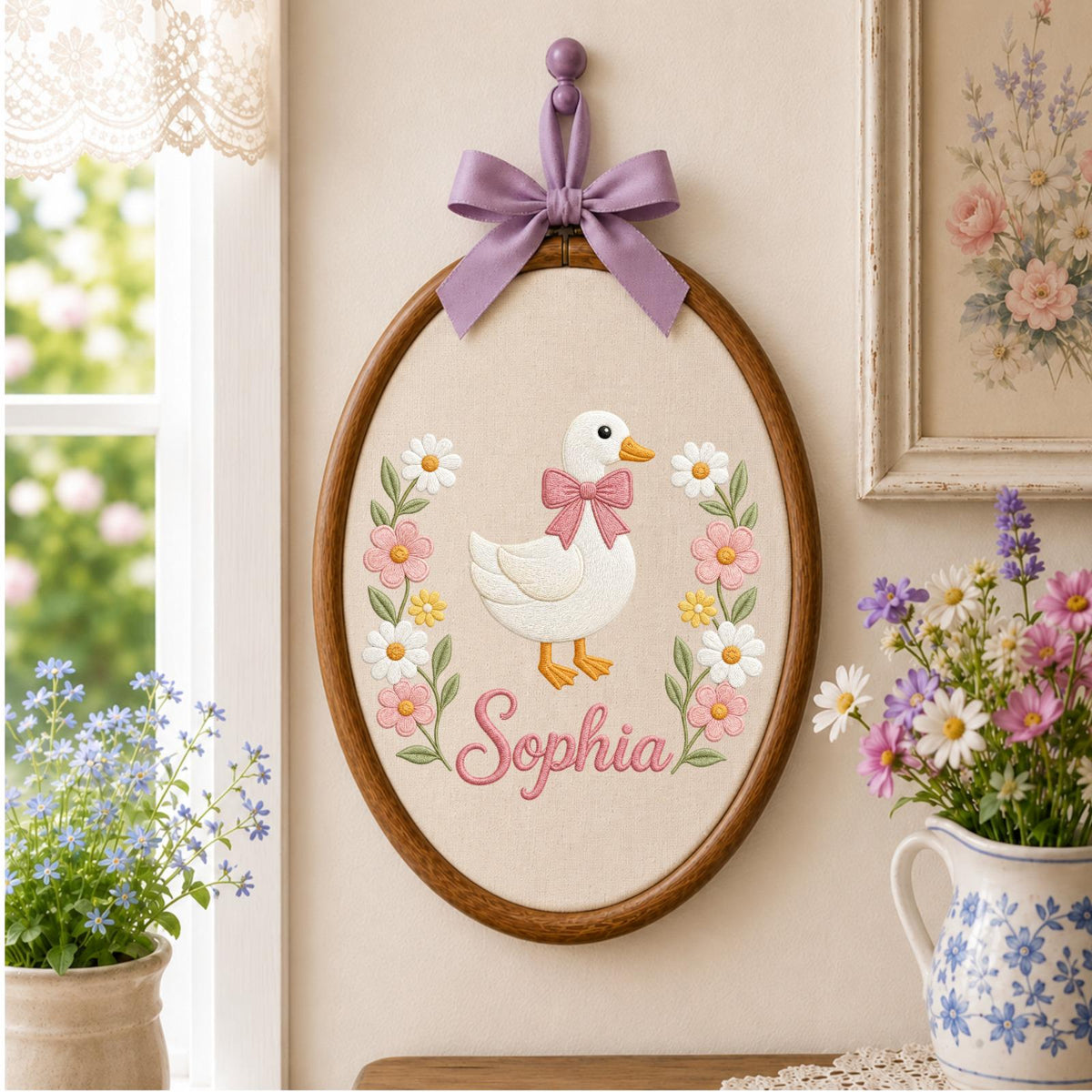Personalized Embroidered Ornament, Floral Goose Name Hoop, Baby Girl Nursery Decor, Custom Duck Baby Shower Gift, Newborn Keepsake