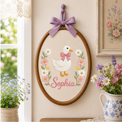 Personalized Embroidered Ornament, Floral Goose Name Hoop, Baby Girl Nursery Decor, Custom Duck Baby Shower Gift, Newborn Keepsake