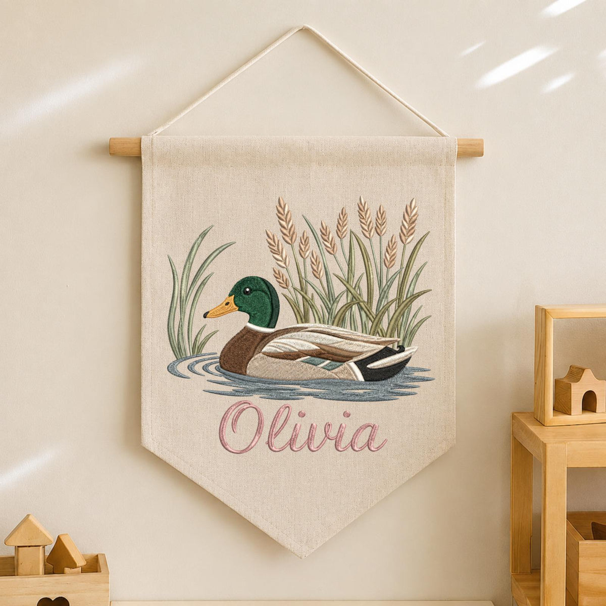 Personalized Embroidered Mallard Duck Wall Hanging Banner, Custom Baby Name Sign, Woodland Nursery Decor, Baby Shower Gift