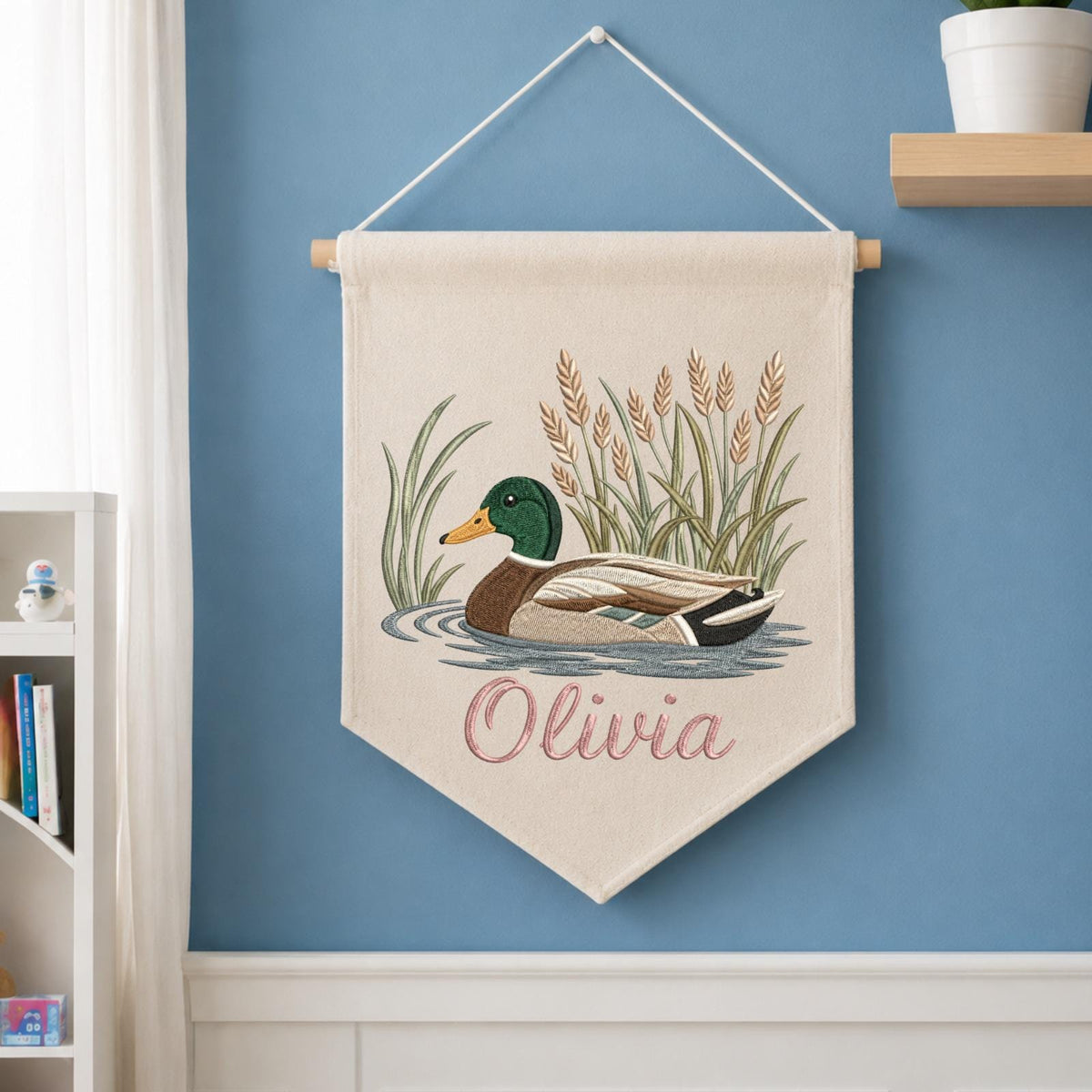 Personalized Embroidered Mallard Duck Wall Hanging Banner, Custom Baby Name Sign, Woodland Nursery Decor, Baby Shower Gift