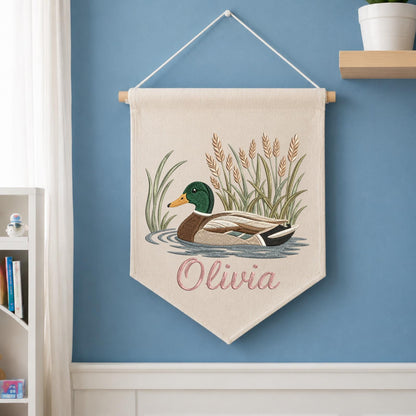 Personalized Embroidered Mallard Duck Wall Hanging Banner, Custom Baby Name Sign, Woodland Nursery Decor, Baby Shower Gift
