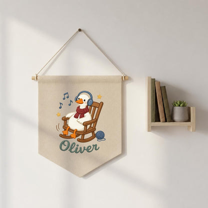 Personalized Music Goose Linen Banner, Custom Name Nursery Decor, Embroidered Wall Hanging