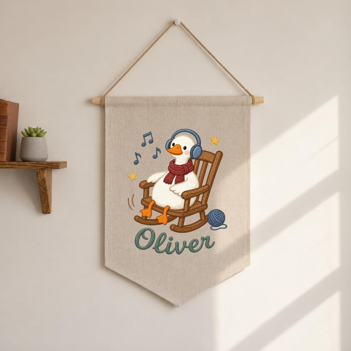 Personalized Music Goose Linen Banner, Custom Name Nursery Decor, Embroidered Wall Hanging