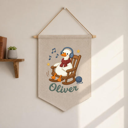 Personalized Music Goose Linen Banner, Custom Name Nursery Decor, Embroidered Wall Hanging
