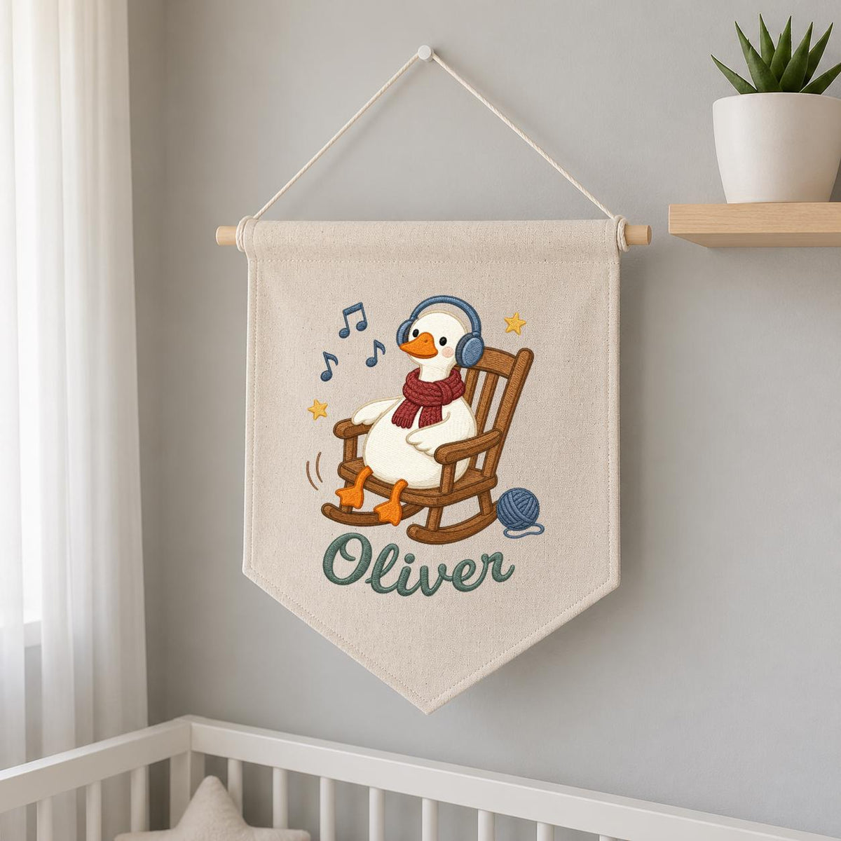 Personalized Music Goose Linen Banner, Custom Name Nursery Decor, Embroidered Wall Hanging