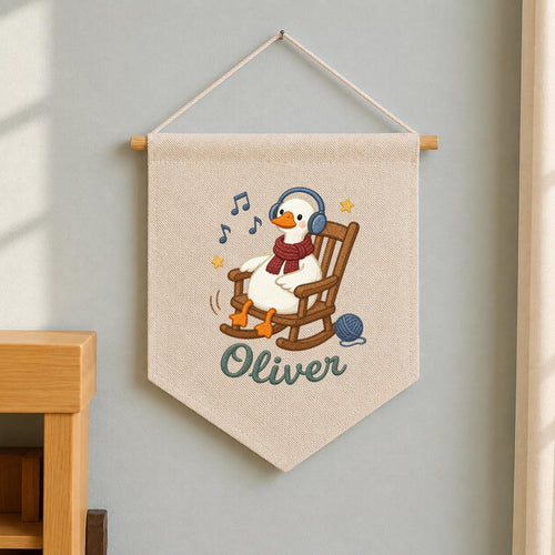 Personalized Music Goose Linen Banner, Custom Name Nursery Decor, Embroidered Wall Hanging