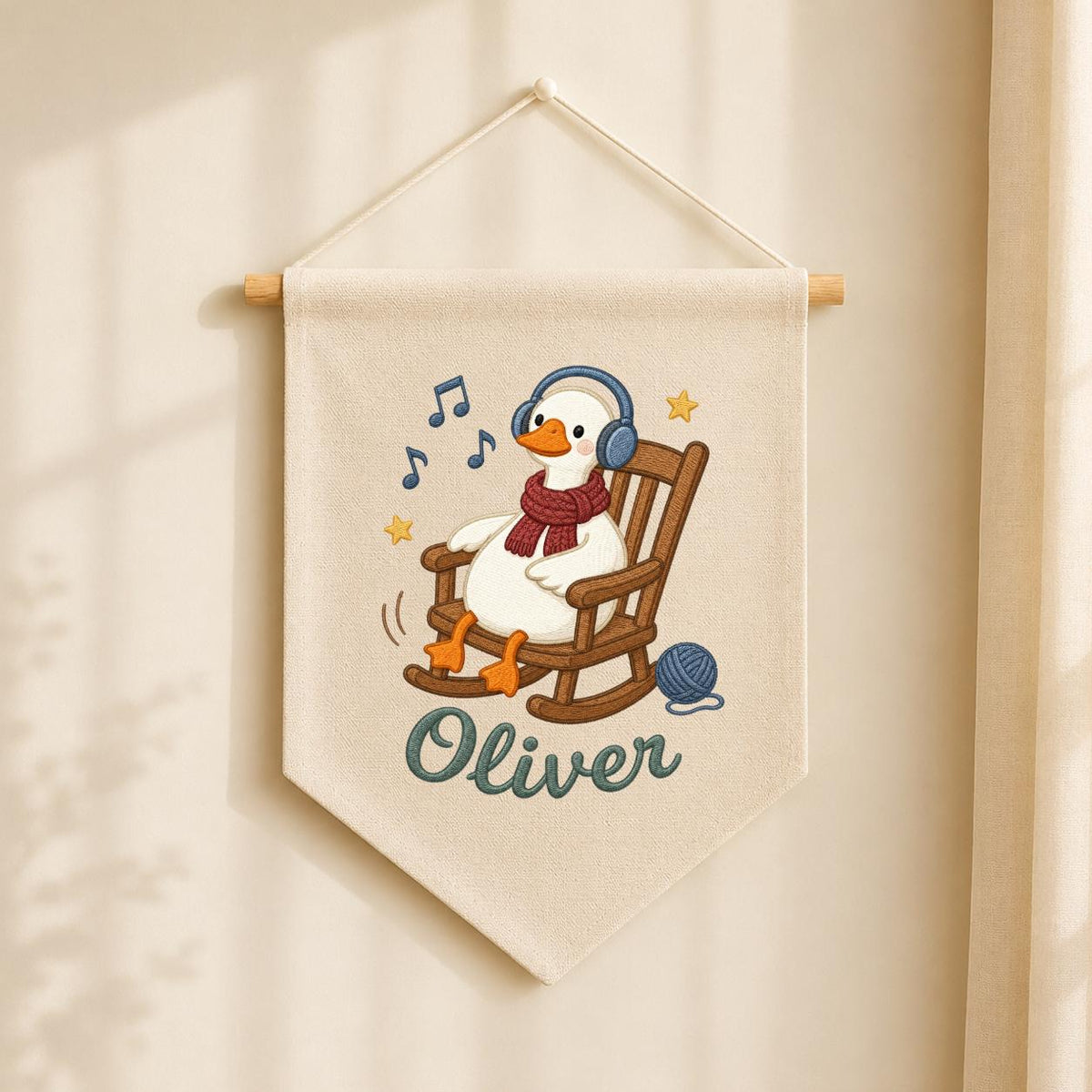 Personalized Music Goose Linen Banner, Custom Name Nursery Decor, Embroidered Wall Hanging
