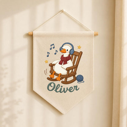 Personalized Music Goose Linen Banner, Custom Name Nursery Decor, Embroidered Wall Hanging