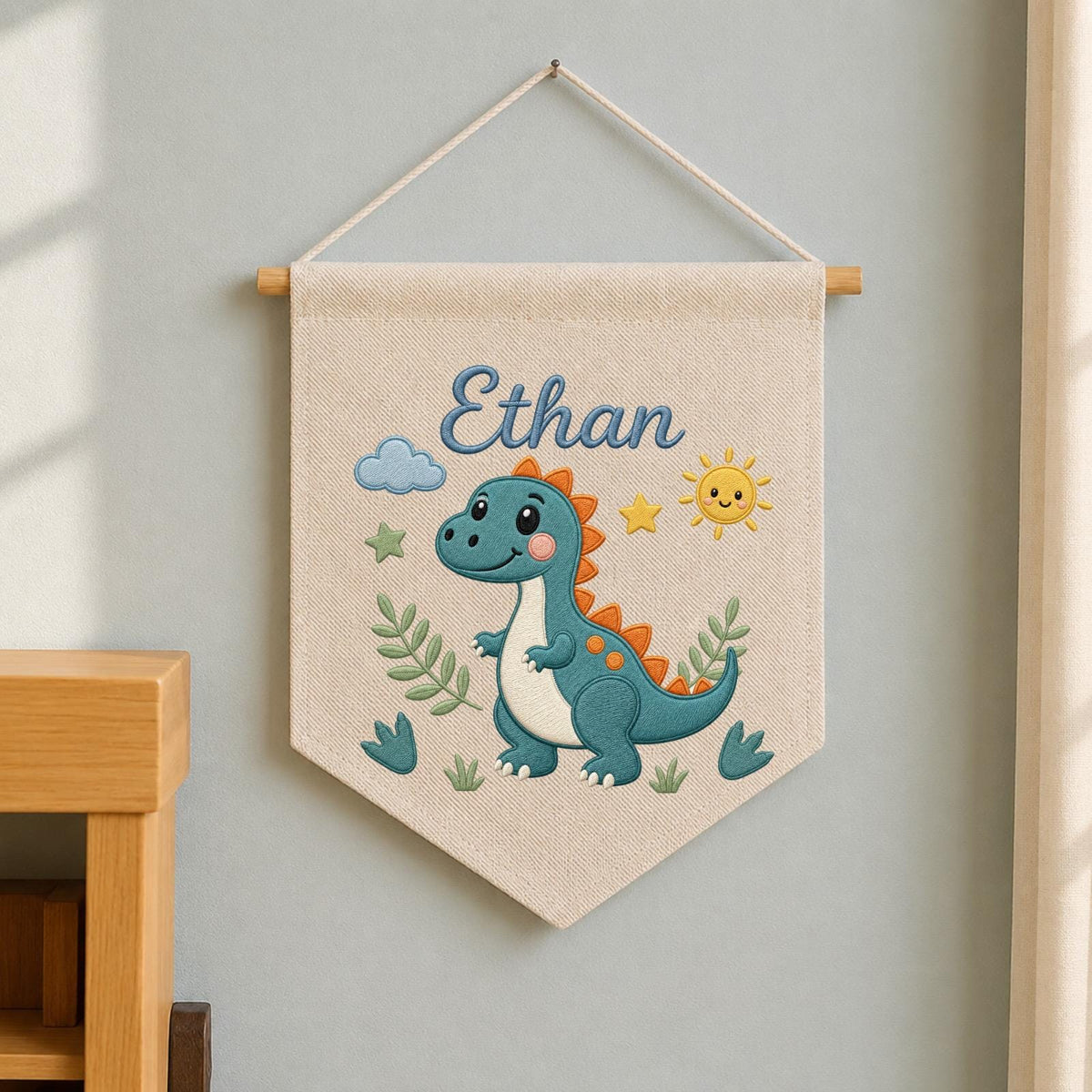 Personalized Embroidered Dinosaur Wall Hanging Banner, Custom Baby Name Sign, Dinosaur Nursery Decor, Baby Boy Gift, Kids Room Decor
