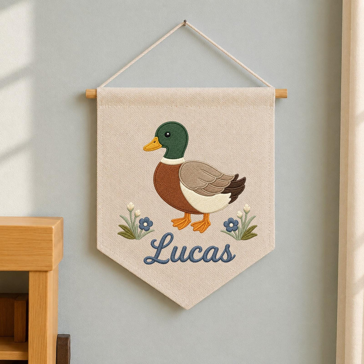 Personalized Embroidered Mallard Duck Wall Hanging Banner, Custom Baby Name Sign, Woodland Nursery Decor, Baby Shower Gift