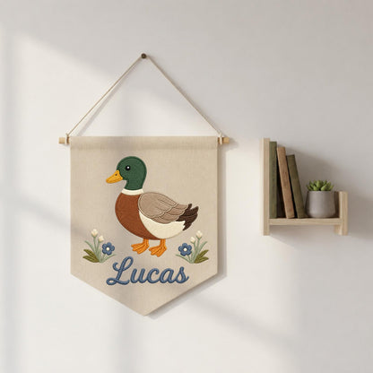 Personalized Embroidered Mallard Duck Wall Hanging Banner, Custom Baby Name Sign, Woodland Nursery Decor, Baby Shower Gift