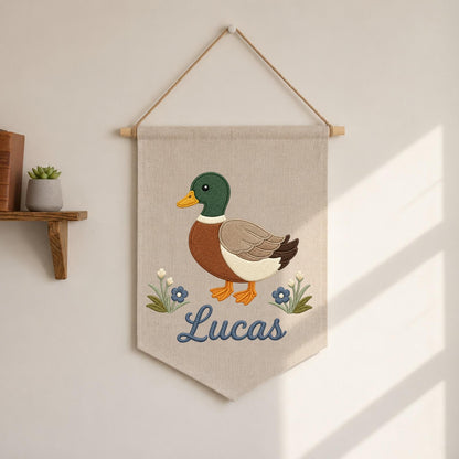 Personalized Embroidered Mallard Duck Wall Hanging Banner, Custom Baby Name Sign, Woodland Nursery Decor, Baby Shower Gift