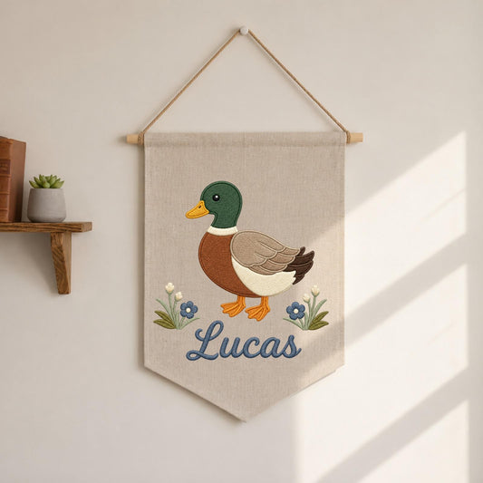 Personalized Embroidered Mallard Duck Wall Hanging Banner, Custom Baby Name Sign, Woodland Nursery Decor, Baby Shower Gift