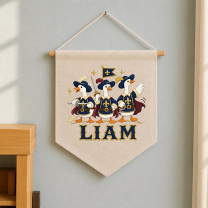 Personalized Musketeer Goose Linen Banner, Custom Name Embroidered Wall Hanging