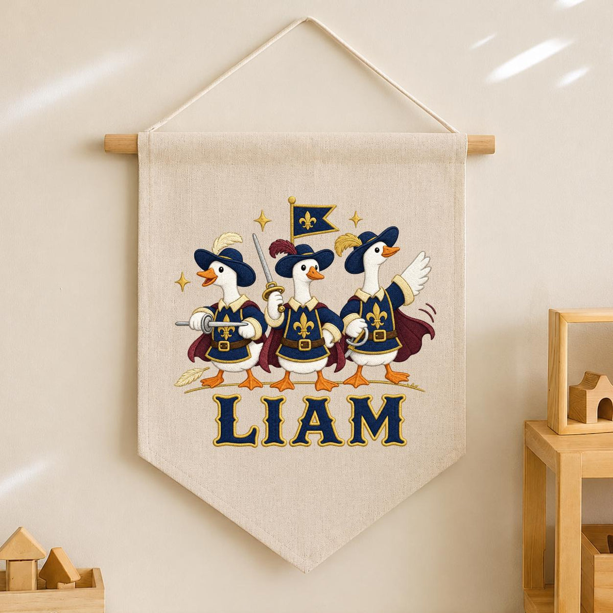 Personalized Musketeer Goose Linen Banner, Custom Name Embroidered Wall Hanging
