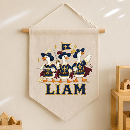 Personalized Musketeer Goose Linen Banner, Custom Name Embroidered Wall Hanging