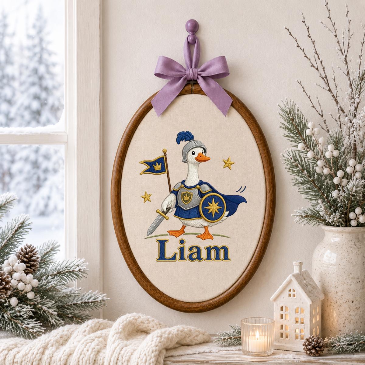 Personalized Knight Goose Embroidery Hoop Art, Custom Name Medieval Duck Wall Hanging