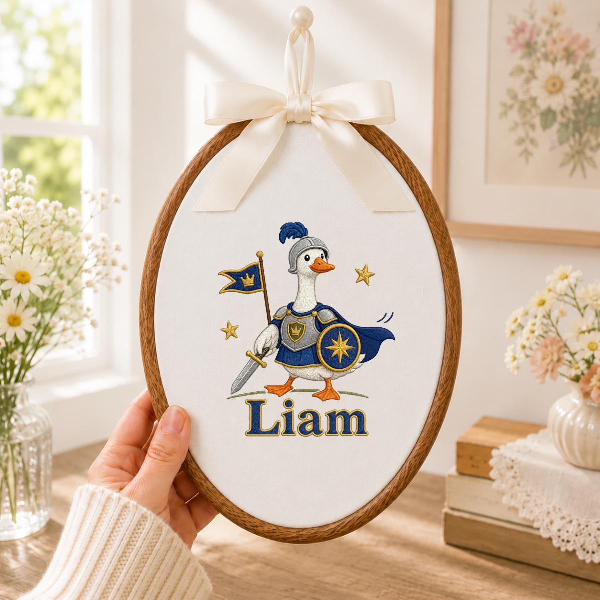 Personalized Knight Goose Embroidery Hoop Art, Custom Name Medieval Duck Wall Hanging