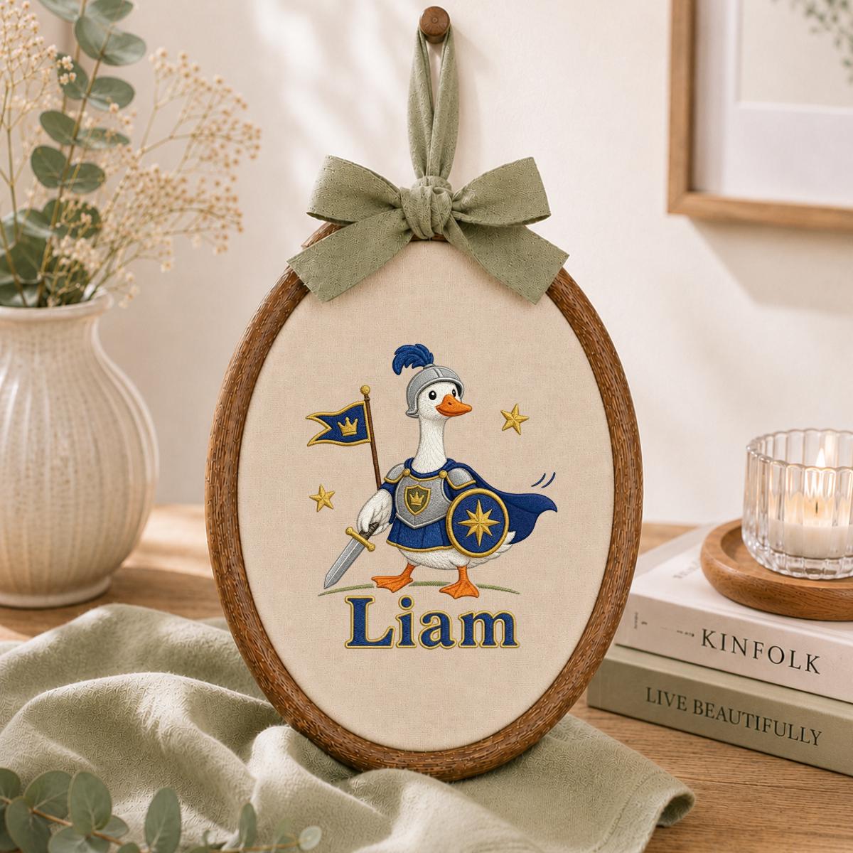 Personalized Knight Goose Embroidery Hoop Art, Custom Name Medieval Duck Wall Hanging