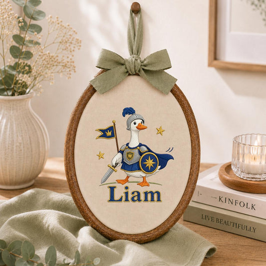 Personalized Knight Goose Embroidery Hoop Art, Custom Name Medieval Duck Wall Hanging