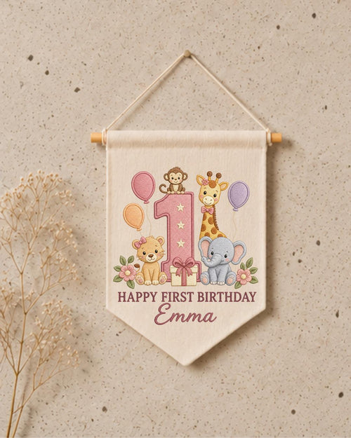 Personalized First Birthday Wall Hanging, Custom Name Embroidered Safari Animal Banner, Baby Girl 1st Birthday Decor, Jungle Party Keepsake