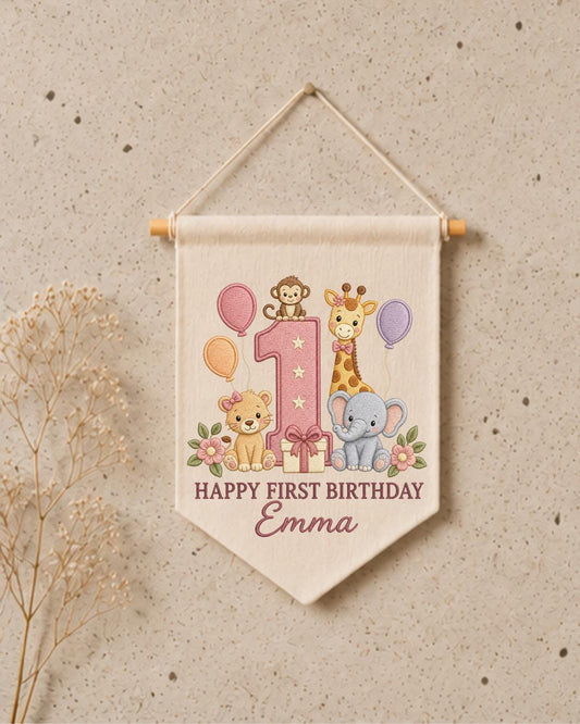 Personalized First Birthday Wall Hanging, Custom Name Embroidered Safari Animal Banner, Baby Girl 1st Birthday Decor, Jungle Party Keepsake