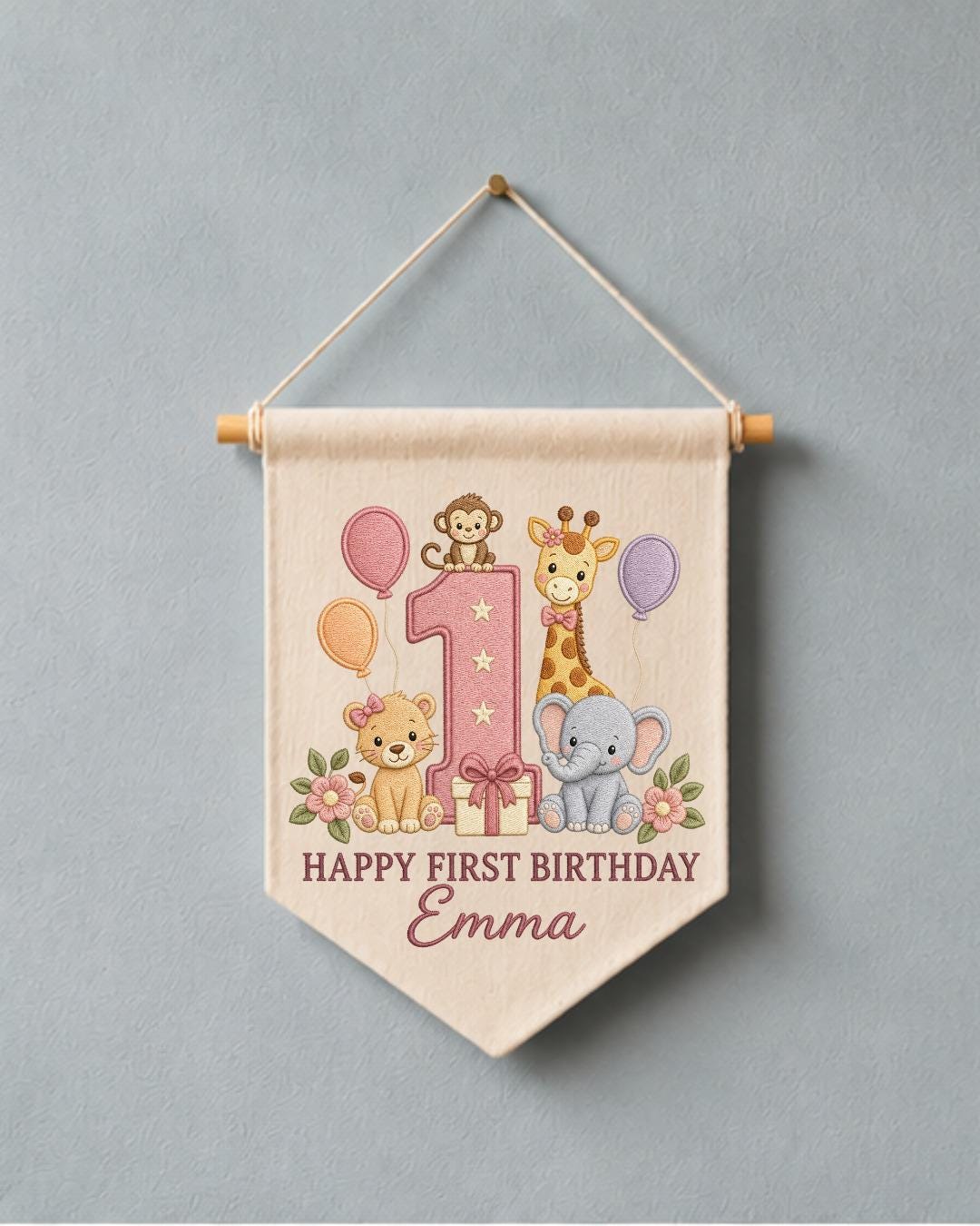 Personalized First Birthday Wall Hanging, Custom Name Embroidered Safari Animal Banner, Baby Girl 1st Birthday Decor, Jungle Party Keepsake