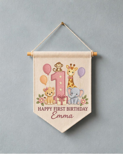 Personalized First Birthday Wall Hanging, Custom Name Embroidered Safari Animal Banner, Baby Girl 1st Birthday Decor, Jungle Party Keepsake