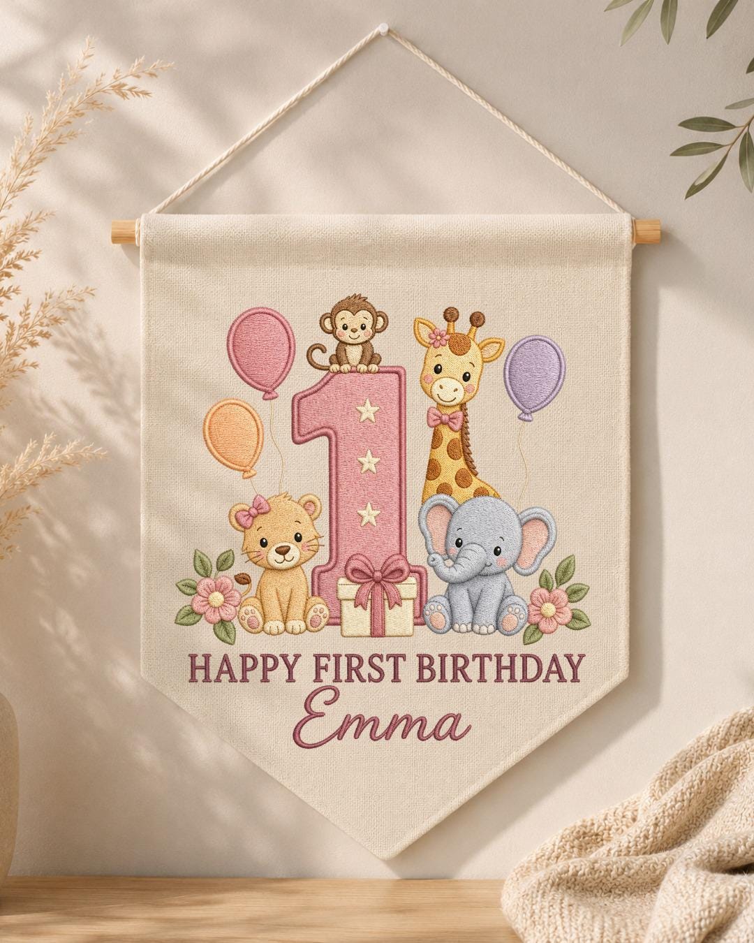 Personalized First Birthday Wall Hanging, Custom Name Embroidered Safari Animal Banner, Baby Girl 1st Birthday Decor, Jungle Party Keepsake