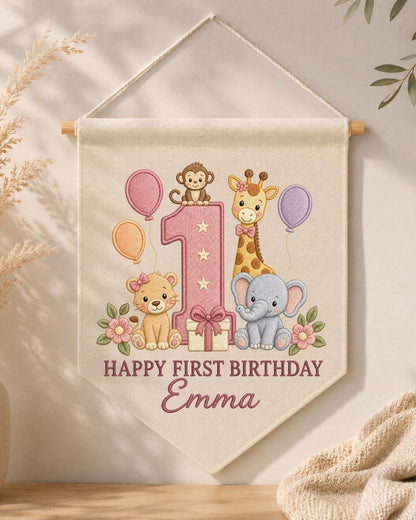 Personalized First Birthday Wall Hanging, Custom Name Embroidered Safari Animal Banner, Baby Girl 1st Birthday Decor, Jungle Party Keepsake