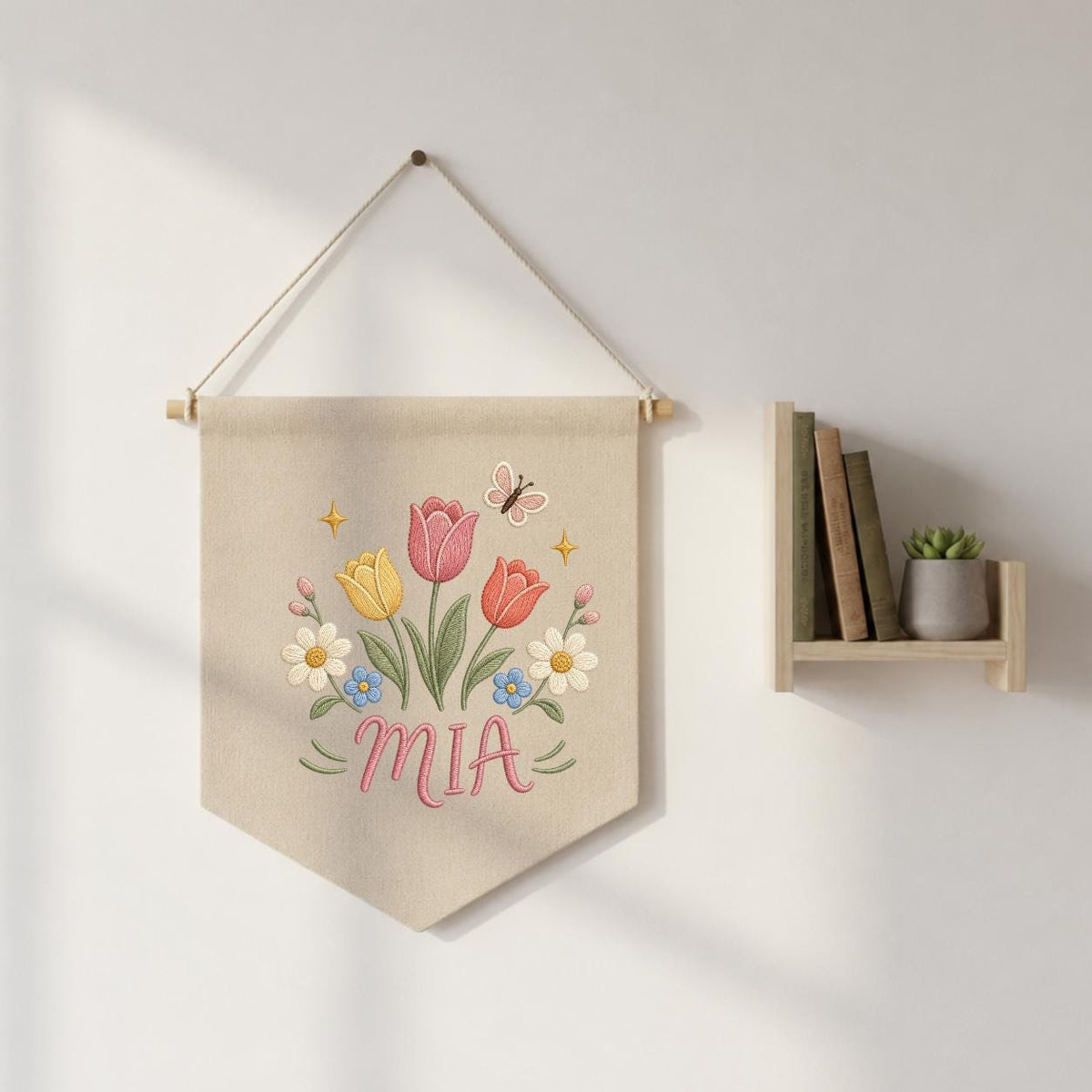 Personalized Tulip Floral Embroidered Banner, Custom Name Nursery Decor, Wildflower Butterfly Wall Hanging