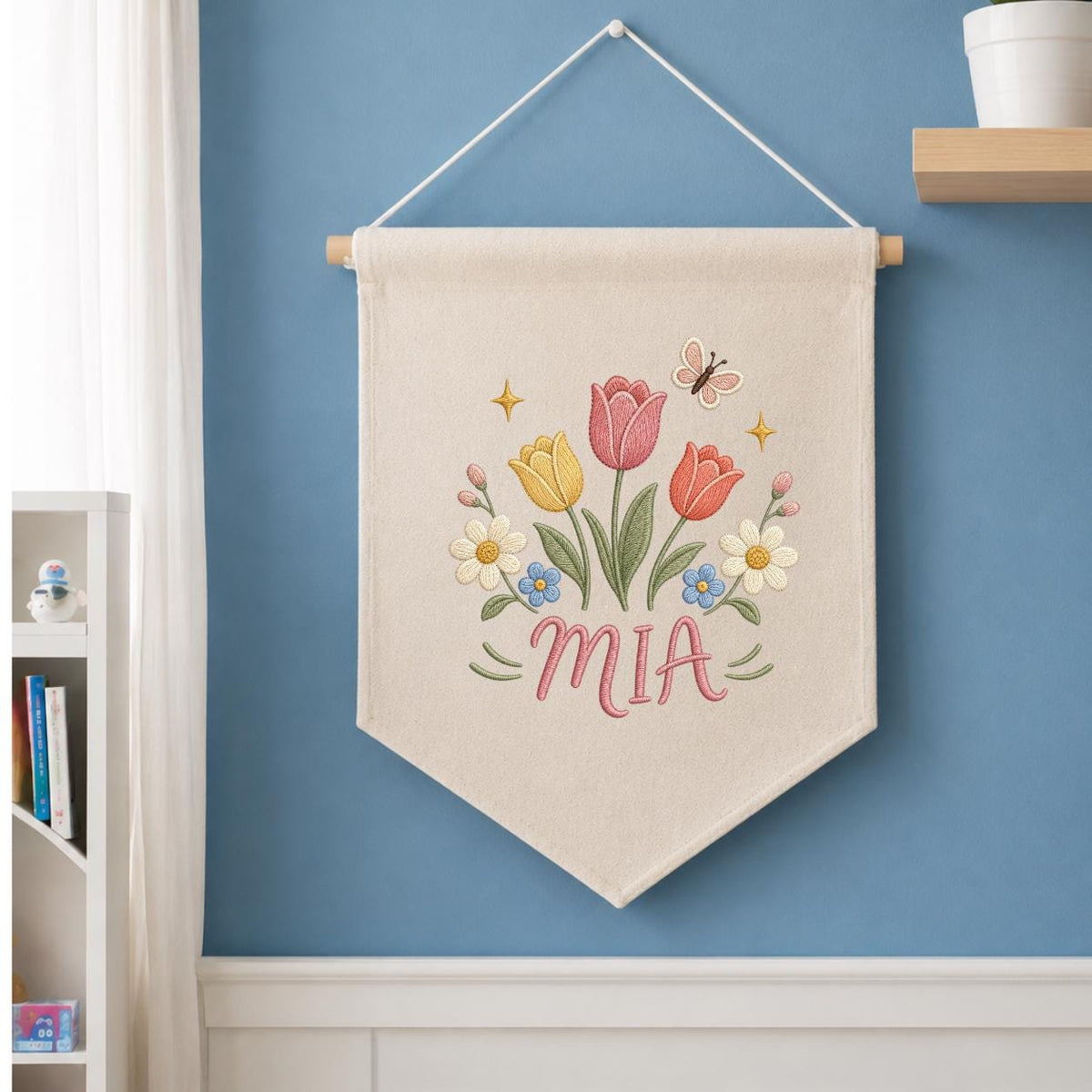 Personalized Tulip Floral Embroidered Banner, Custom Name Nursery Decor, Wildflower Butterfly Wall Hanging