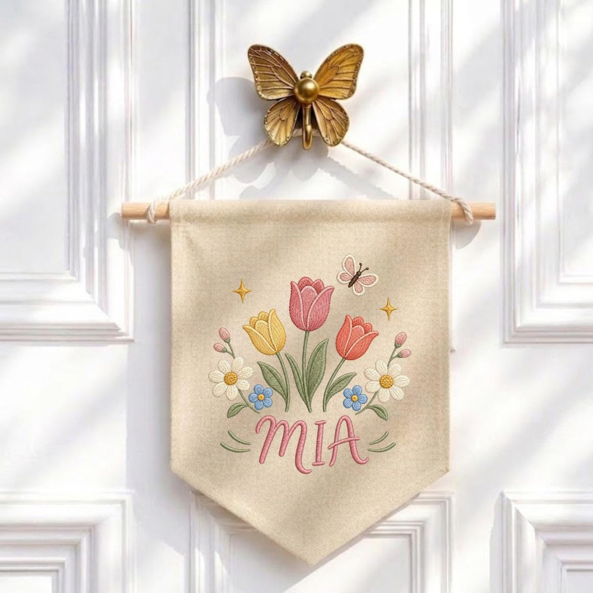 Personalized Tulip Floral Embroidered Banner, Custom Name Nursery Decor, Wildflower Butterfly Wall Hanging