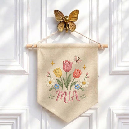 Personalized Tulip Floral Embroidered Banner, Custom Name Nursery Decor, Wildflower Butterfly Wall Hanging