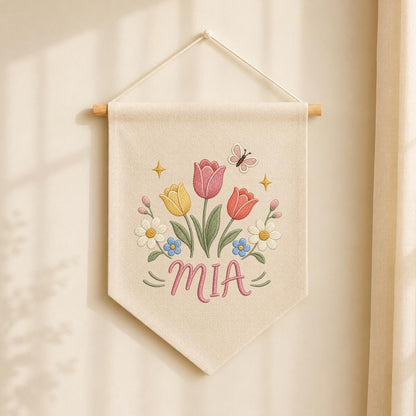 Personalized Tulip Floral Embroidered Banner, Custom Name Nursery Decor, Wildflower Butterfly Wall Hanging
