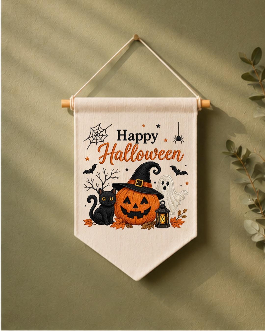 Halloween Embroidered Wall Hanging, Spooky Pumpkin Cat Banner, Ghost Witch Nursery Decor, Cute Fall Home Decoration, Halloween Gift