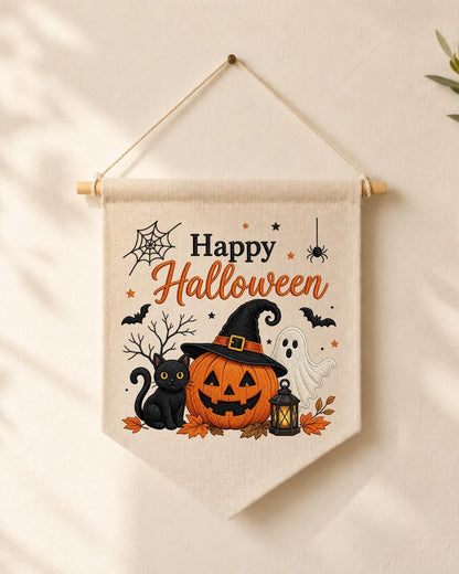 Halloween Embroidered Wall Hanging, Spooky Pumpkin Cat Banner, Ghost Witch Nursery Decor, Cute Fall Home Decoration, Halloween Gift