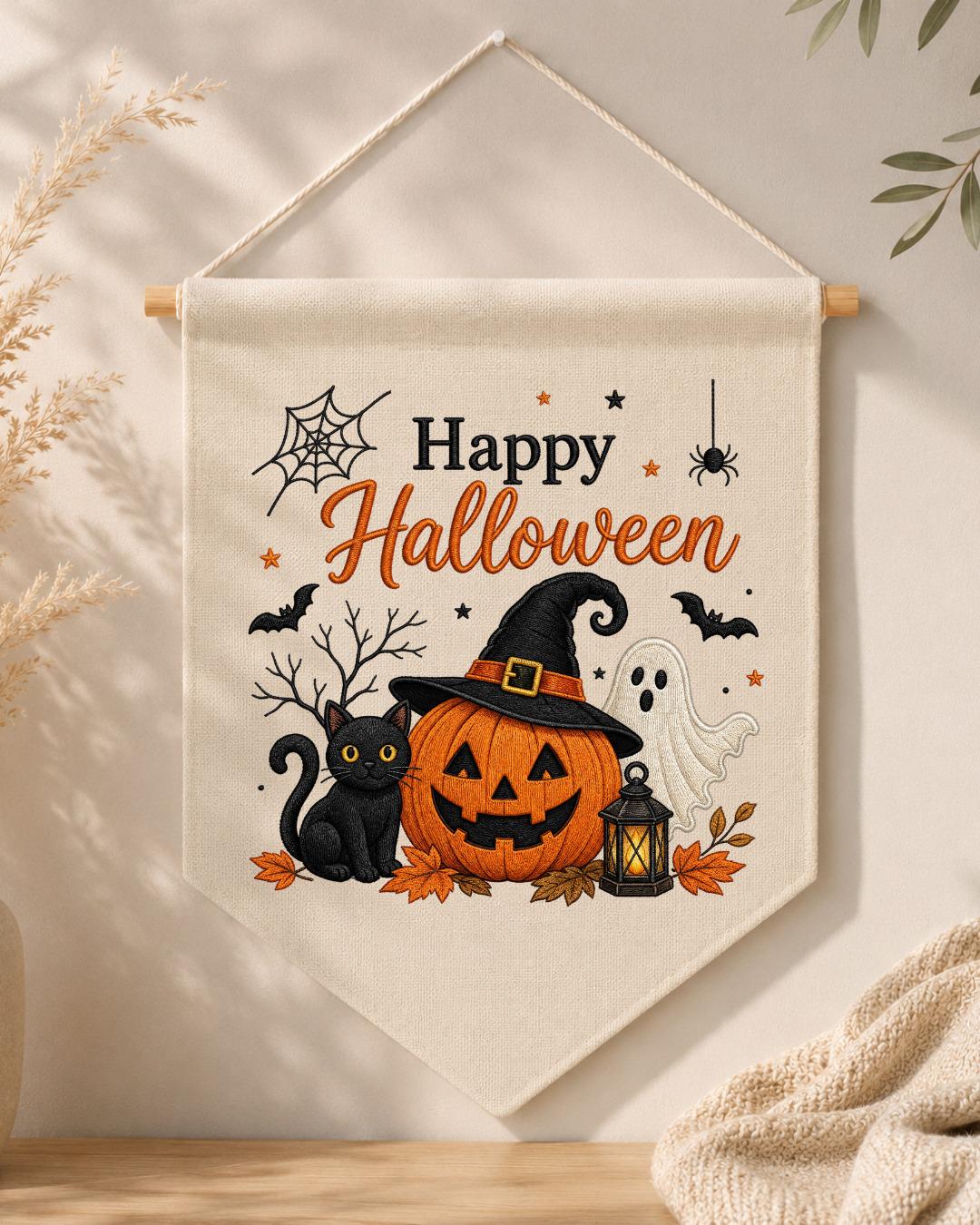 Halloween Embroidered Wall Hanging, Spooky Pumpkin Cat Banner, Ghost Witch Nursery Decor, Cute Fall Home Decoration, Halloween Gift