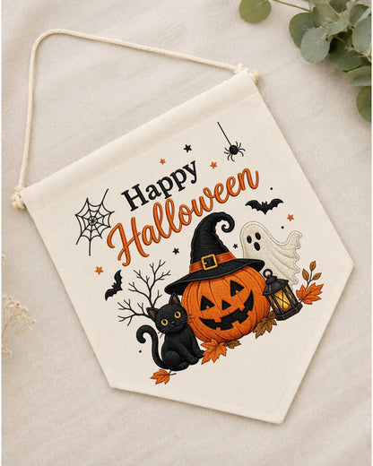 Halloween Embroidered Wall Hanging, Spooky Pumpkin Cat Banner, Ghost Witch Nursery Decor, Cute Fall Home Decoration, Halloween Gift