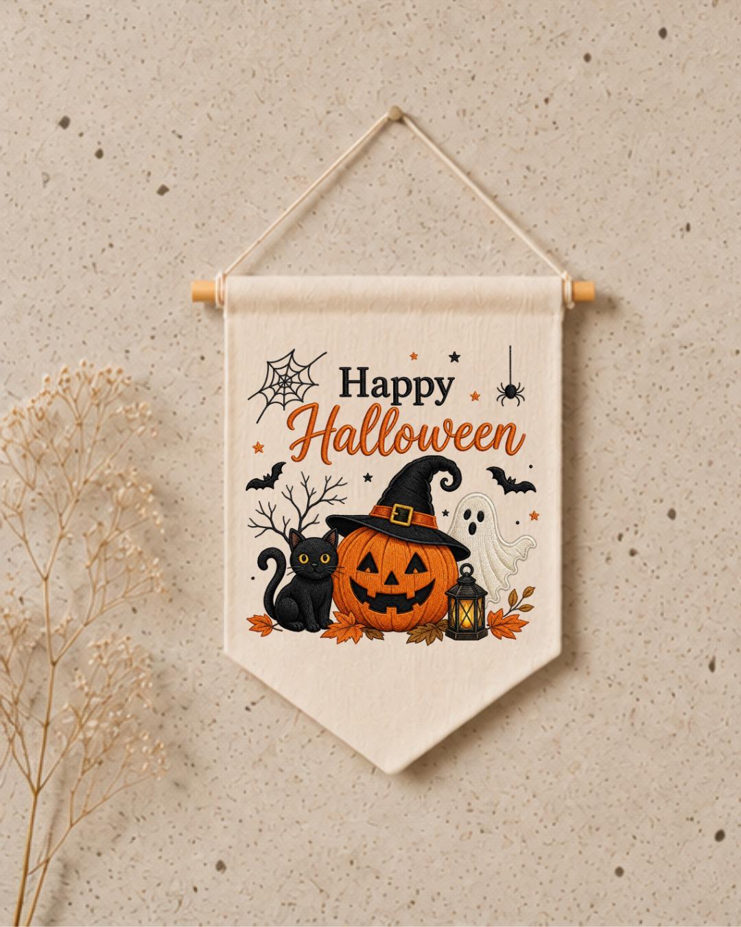 Halloween Embroidered Wall Hanging, Spooky Pumpkin Cat Banner, Ghost Witch Nursery Decor, Cute Fall Home Decoration, Halloween Gift